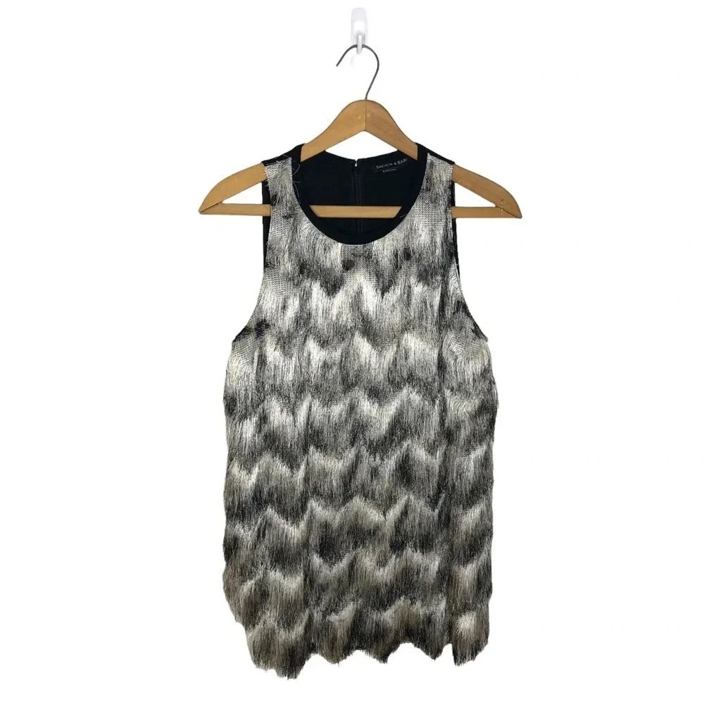Sachin + Babi Black White Eyelash Fringe Sleeveless Blouse Top Size S - Picture 3 of 11